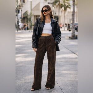 Danier Genuine Brown Leather Wide-Leg Pants Drawstring Waist Relaxed Fit size 10